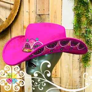 Fuchsia Mitla Cowboy Velvet Hat - Hand Painted Hat