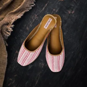 Trendy Stripes Women Jutti | Embellished | Crimson Red & White